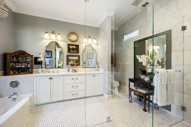 full bathroom with tile patterned flooring, crown molding, and independent shower and bath