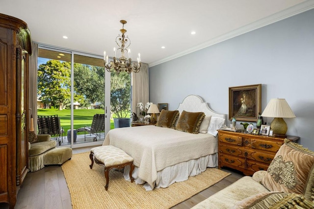 bedroom with access to exterior, an inviting chandelier, dark wood-type flooring, and ornamental molding