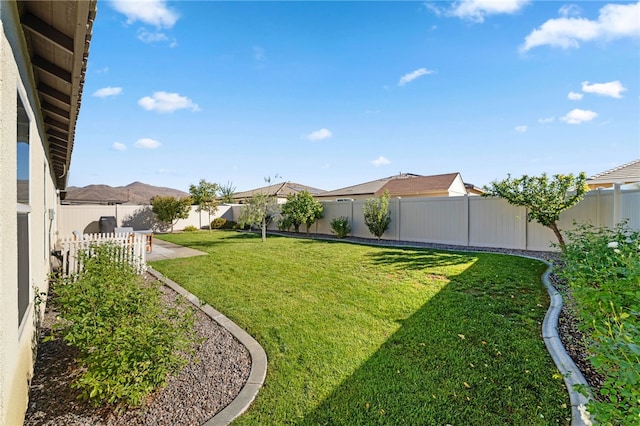 view of yard featuring a patio area and a mountain view