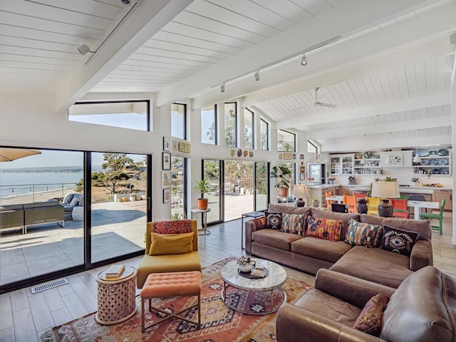 living room with hardwood / wood-style flooring, track lighting, beamed ceiling, and a water view