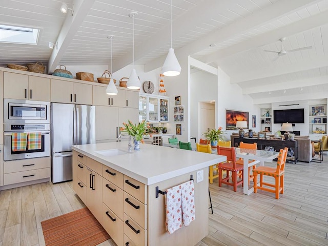 kitchen featuring sink, decorative light fixtures, light hardwood / wood-style flooring, and appliances with stainless steel finishes