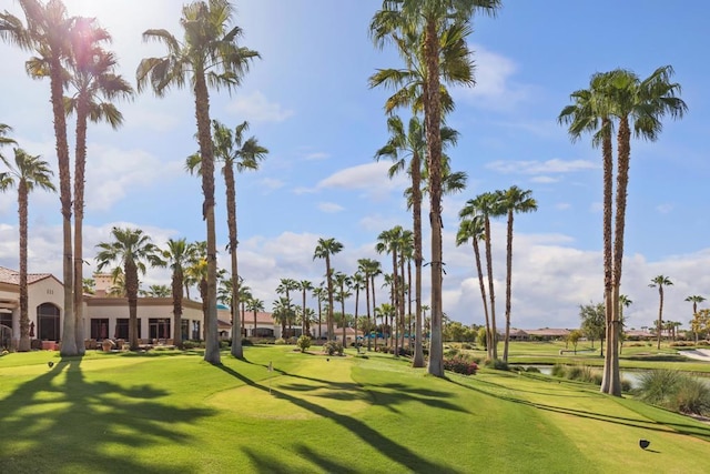 view of community featuring a lawn and a water view