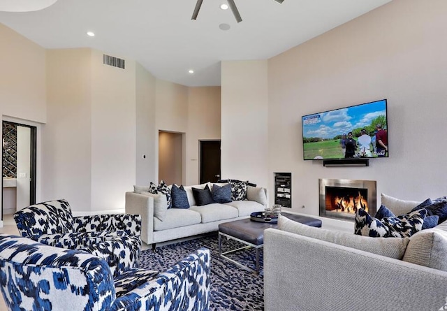 living room featuring ceiling fan