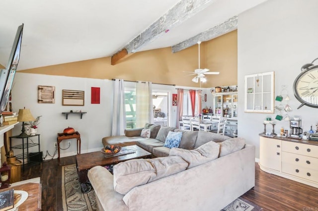 living room with dark hardwood / wood-style floors, lofted ceiling with beams, and ceiling fan