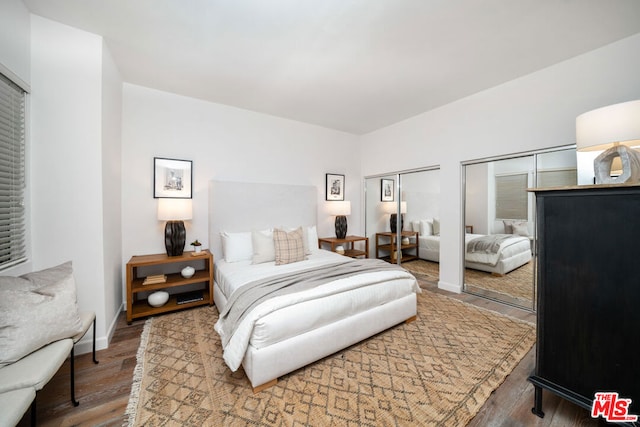 bedroom featuring multiple closets and wood-type flooring