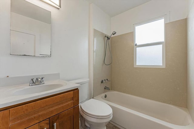 full bathroom with bathtub / shower combination, vanity, toilet, and plenty of natural light