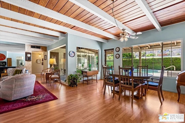 dining space featuring beamed ceiling, ceiling fan, wood ceiling, and hardwood / wood-style flooring