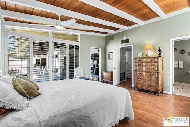 bedroom featuring access to exterior, wood ceiling, ceiling fan, beam ceiling, and hardwood / wood-style flooring