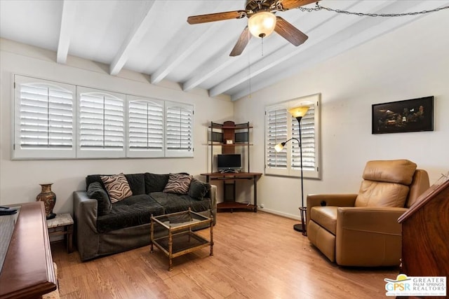 living room featuring beam ceiling, a healthy amount of sunlight, and light wood-type flooring