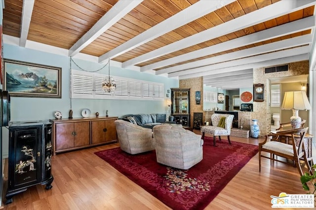 living room with a chandelier, hardwood / wood-style floors, beamed ceiling, and wood ceiling