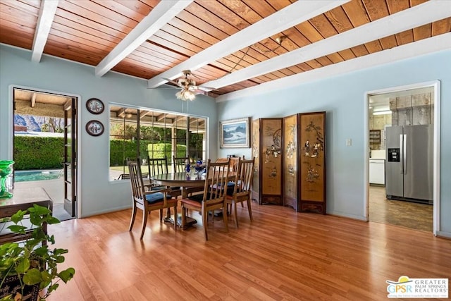 dining area featuring beam ceiling, ceiling fan, light hardwood / wood-style flooring, and wooden ceiling