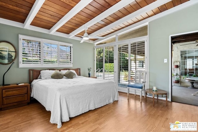 bedroom with multiple windows, ceiling fan, light hardwood / wood-style flooring, and wooden ceiling