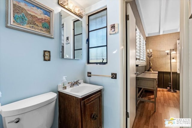 bathroom featuring hardwood / wood-style flooring, vanity, and toilet