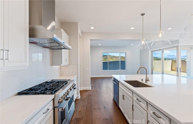 kitchen with a wealth of natural light, sink, wall chimney exhaust hood, and stainless steel appliances