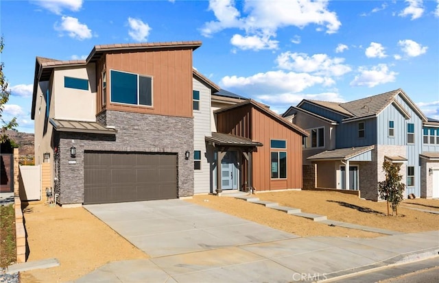 11722 Canoga Dr, Chatsworth, CA 91311 - contemporary home with stone siding, an attached garage, and concrete driveway