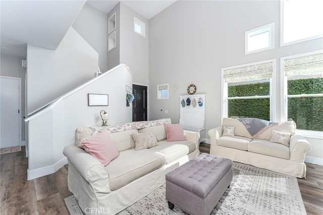 living room featuring dark wood-type flooring and a high ceiling