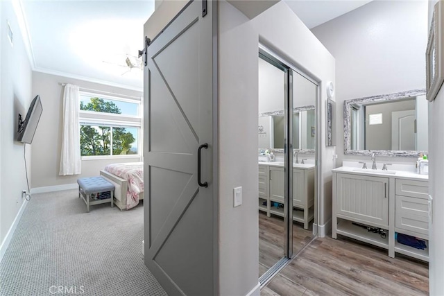 bathroom featuring wood-type flooring, vanity, and crown molding