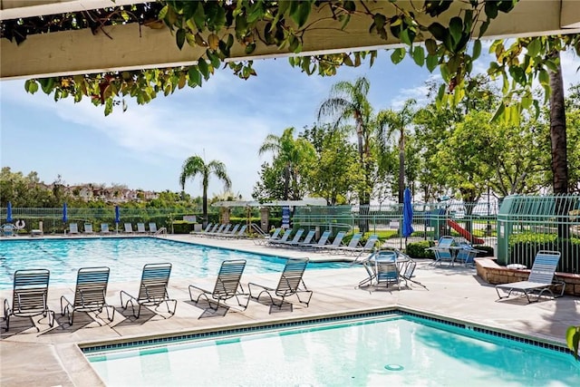 view of swimming pool featuring a patio area