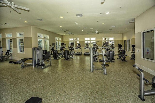 workout area with ceiling fan