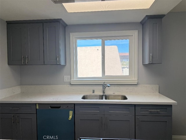 kitchen featuring sink, black dishwasher, and gray cabinetry