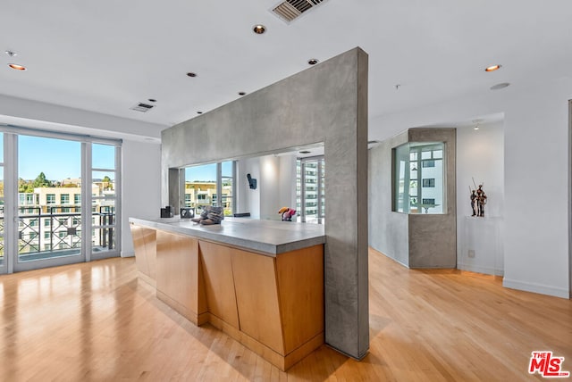 kitchen with a healthy amount of sunlight, a kitchen island, and light hardwood / wood-style floors