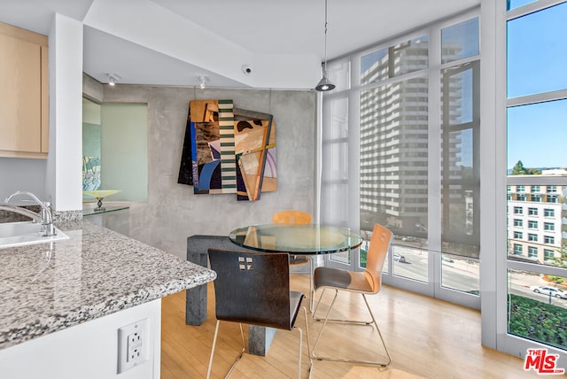 dining space with plenty of natural light, light hardwood / wood-style floors, and sink