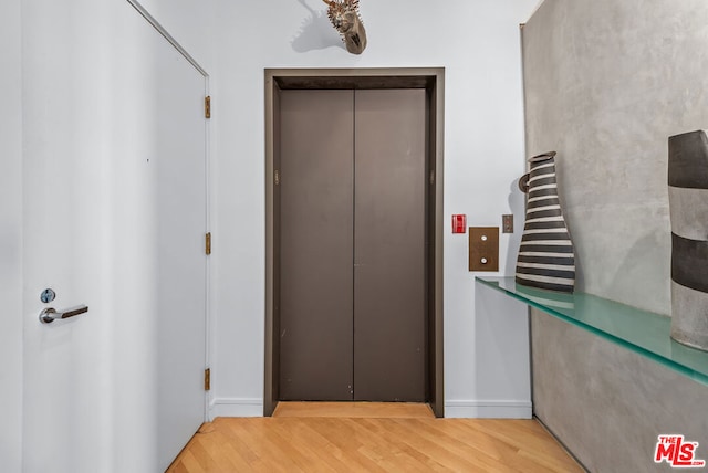 hallway with hardwood / wood-style flooring and elevator