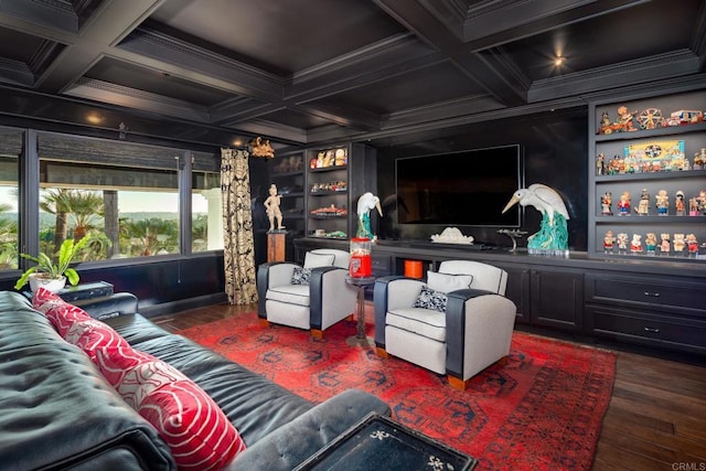 living room featuring crown molding, coffered ceiling, beam ceiling, built in features, and dark hardwood / wood-style floors