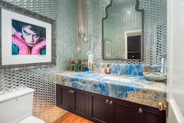 bathroom featuring wood-type flooring, toilet, and vanity