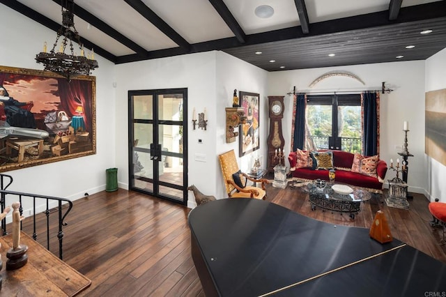 living area featuring beamed ceiling, french doors, baseboards, and wood-type flooring