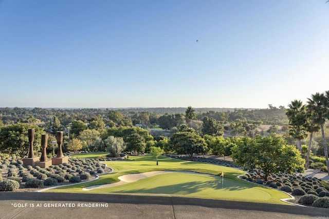 view of property's community featuring golf course view and a lawn