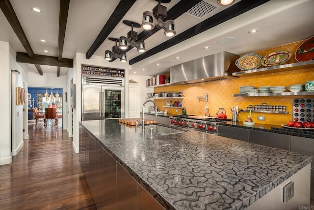 18245 Paseo Victoria, Rancho Santa Fe, CA 92067 - kitchen with a sink, high end appliances, wall chimney exhaust hood, backsplash, and dark wood finished floors