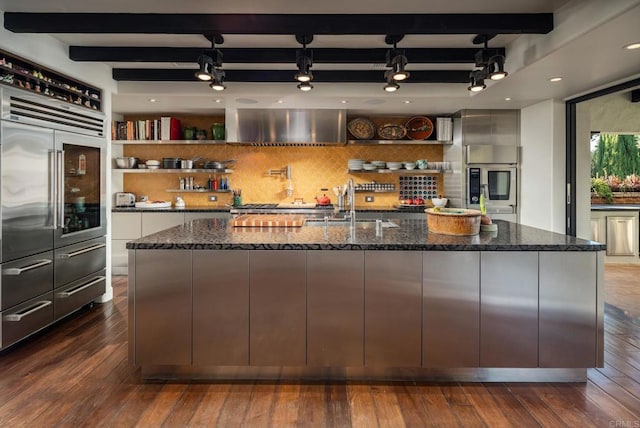 18245 Paseo Victoria, Rancho Santa Fe, CA 92067 - kitchen featuring stainless steel appliances, open shelves, a sink, tasteful backsplash, and beamed ceiling
