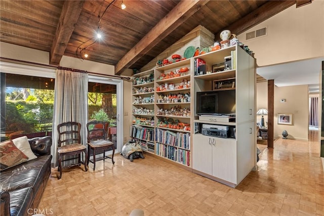 living area featuring lofted ceiling with beams, wooden ceiling, and light parquet flooring