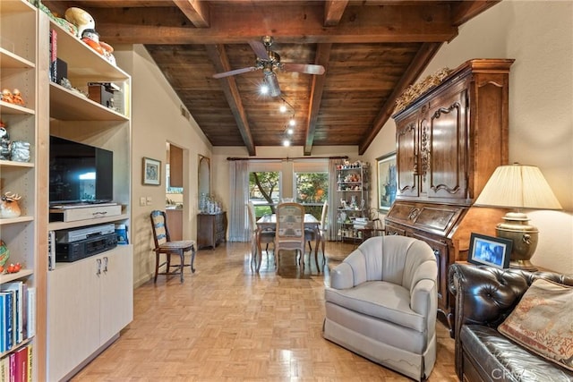 living room featuring vaulted ceiling with beams, ceiling fan, wood ceiling, and light parquet flooring