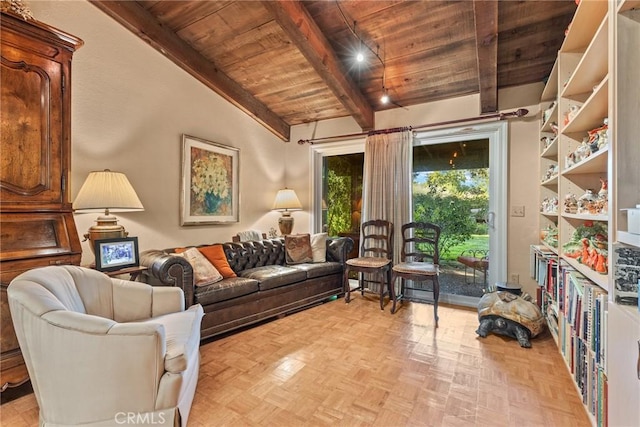 interior space featuring vaulted ceiling with beams, wooden ceiling, and light parquet flooring