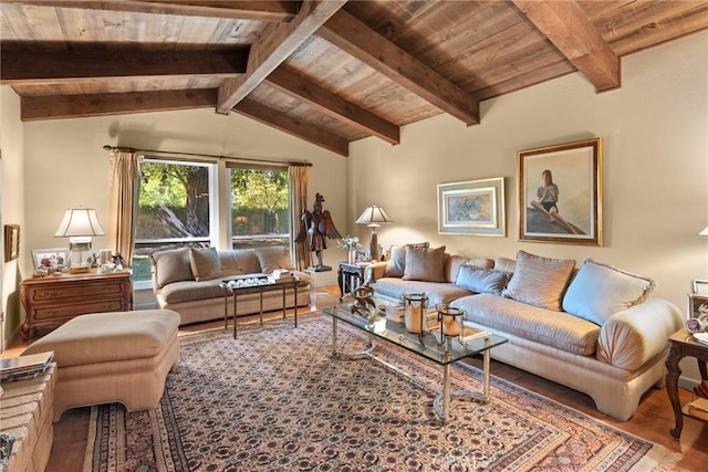 living room featuring hardwood / wood-style floors, vaulted ceiling with beams, and wooden ceiling