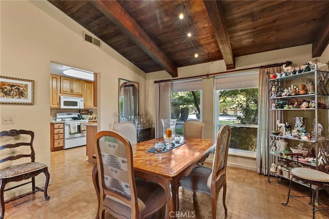 dining area featuring vaulted ceiling with beams, wooden ceiling, and light parquet flooring