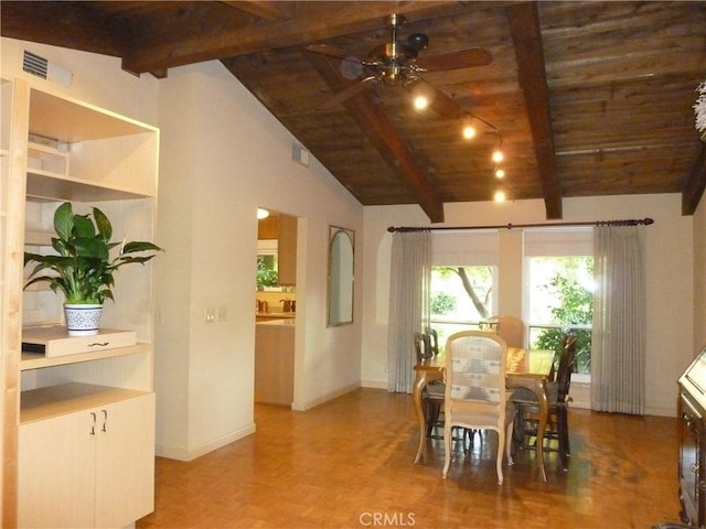 dining space with lofted ceiling with beams, ceiling fan, wood ceiling, and parquet flooring