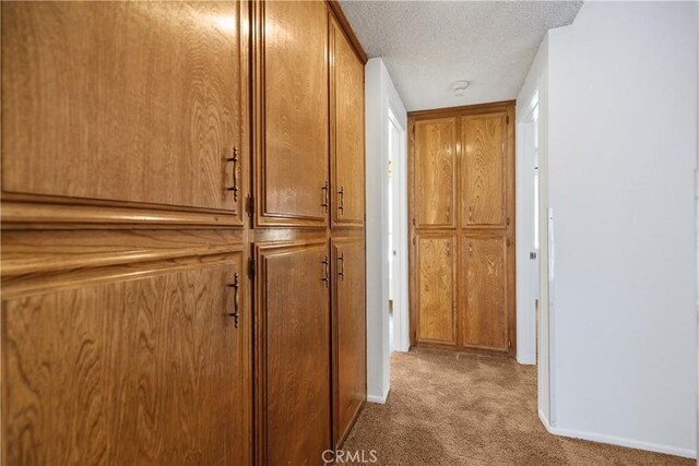 hallway with light colored carpet and a textured ceiling