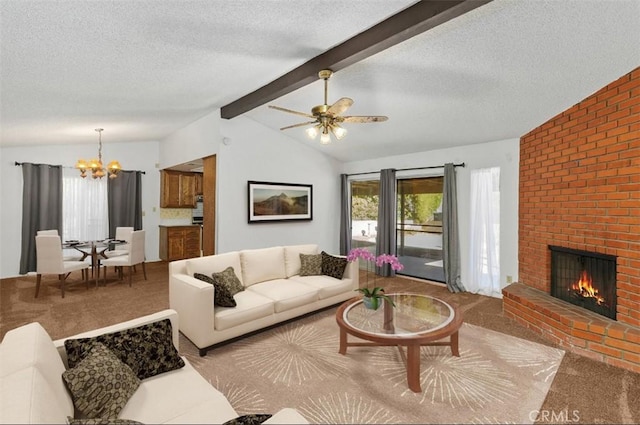 living room featuring carpet flooring, a textured ceiling, a brick fireplace, ceiling fan with notable chandelier, and vaulted ceiling with beams