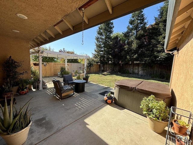 view of patio featuring an outdoor hangout area and a hot tub