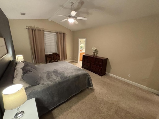 bedroom with light carpet, vaulted ceiling with beams, and ceiling fan