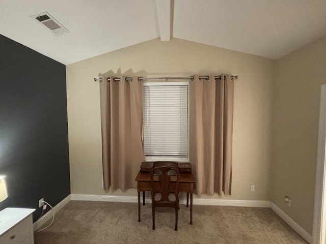 misc room with carpet and lofted ceiling with beams