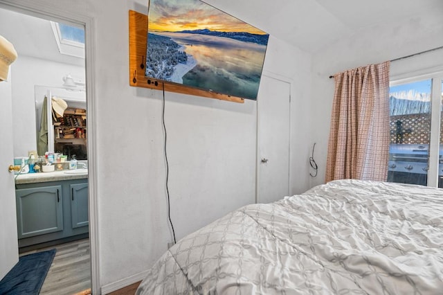 bedroom featuring a skylight and light wood-type flooring