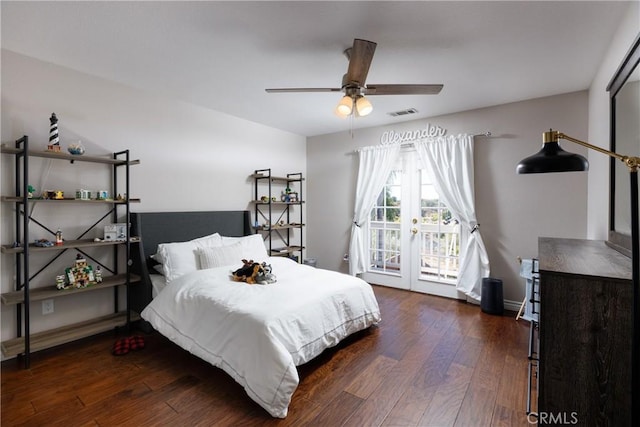 bedroom with ceiling fan, access to outside, dark hardwood / wood-style flooring, and french doors