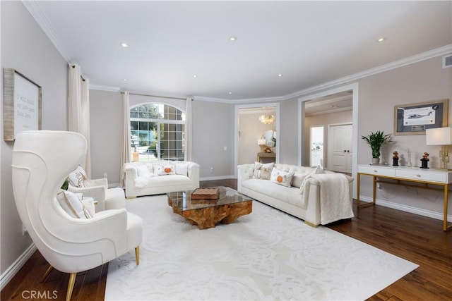 living room featuring wood-type flooring and crown molding