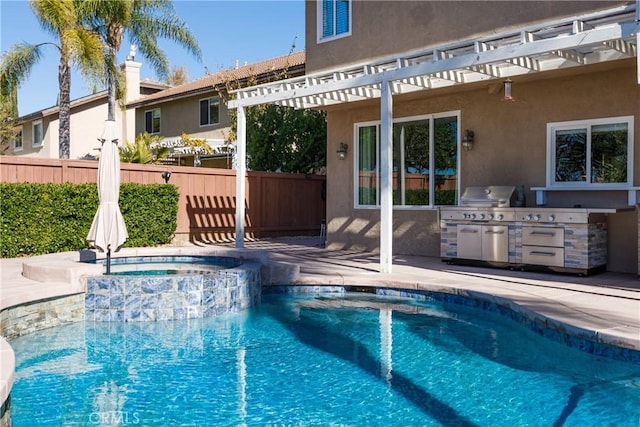 view of pool featuring an in ground hot tub, a patio, and area for grilling