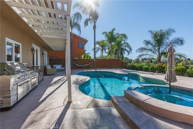 view of swimming pool with a pergola, a patio, and an in ground hot tub