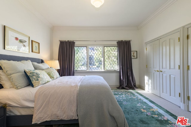 carpeted bedroom with ornamental molding and a closet